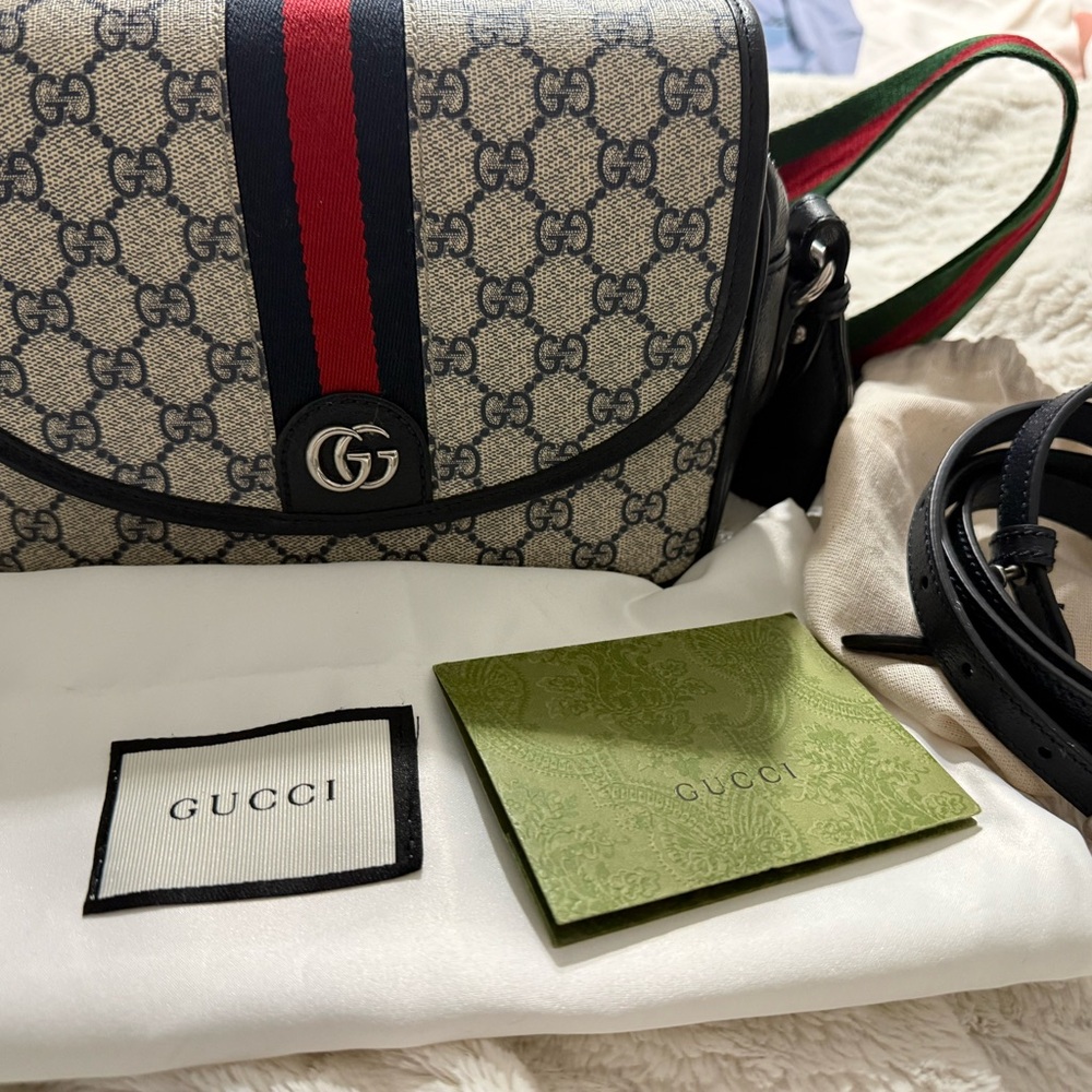 Gucci Beige and Black GG Pattern Bag with Red and Green Stripes